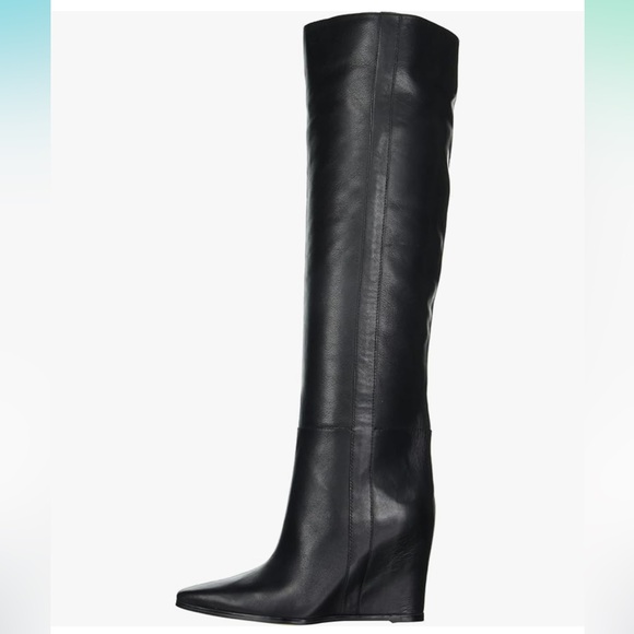 VINCE Camuto Tiasie Black Knee High Leather boots Wedge Pointed 6.5 37 New - Picture 1 of 8